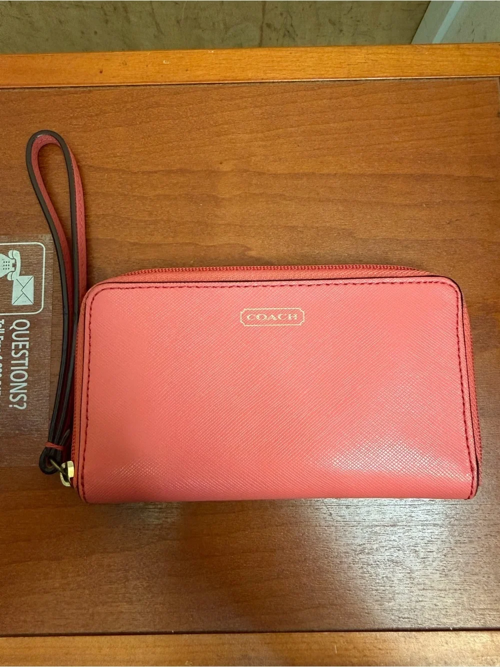 Coach Coral Pebbled Leather Zip Around Wristlet Wallet - Wristlet Clutch